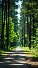 Sunlight filters through tall green trees onto a tranquil forest road.