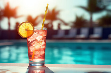 Tropical cocktail by the pool. A glass of fruit cocktail garnished with a slice of orange stands near the pool. Summer soft drink by the hotel pool.