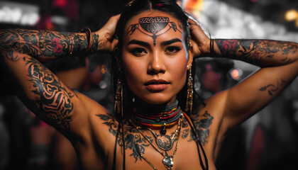 arm and face of tattooed indian, latina hispanic young woman on night club background. portrait of female girl wearing jewelry, with ethnic roots - obrazy, fototapety, plakaty