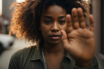 African American woman defiantly shows palm, challenging racial and gender bias. Mixed-race female gestures against domestic violence: Stop Abuse. - obrazy, fototapety, plakaty