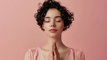 Young woman with curly hair in a serene pose with her eyes closed and hands together in a gesture of prayer against a soft pink background