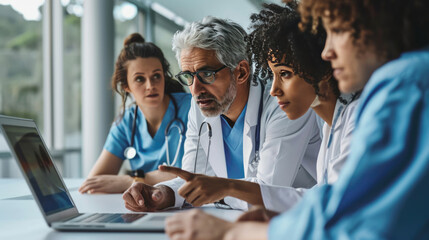 Focused group of medical professionals, including three doctors and nurses, gathered around a laptop, discussing or reviewing something of importance. - obrazy, fototapety, plakaty