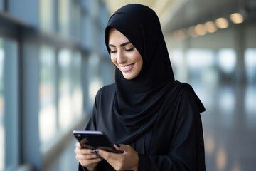 Muslim woman in black abaya with smartphone. AI generated.