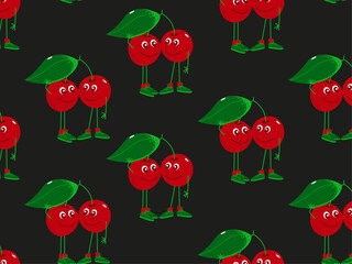 Seamless pattern of cartoon cherries on a black background