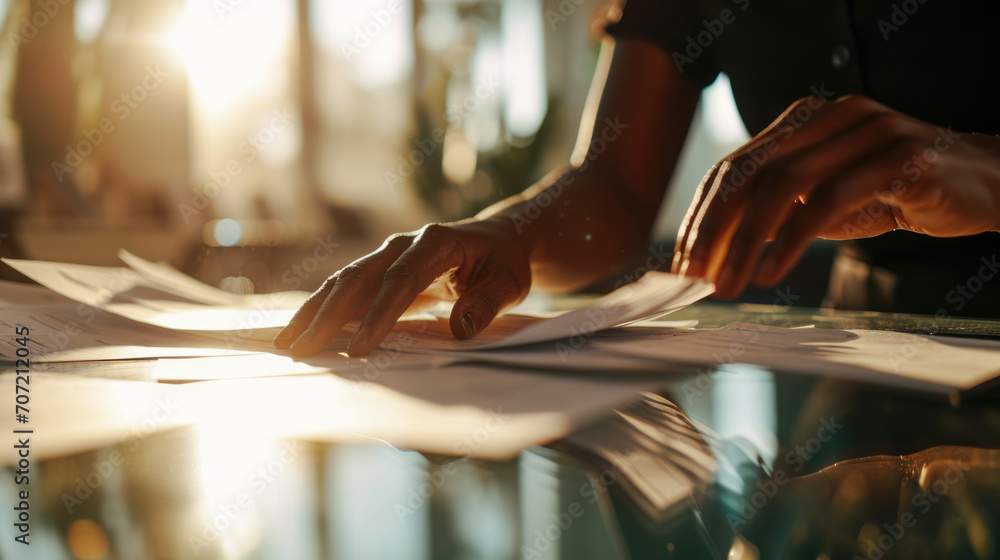 Poster close-up of a person's hands sorting through a large stack of papers and documents secured with blac