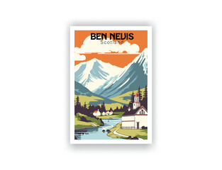 Ben Nevis, Scotland. Vintage Travel Posters. Vector art. Famous Tourist Destinations Posters Art Prints Wall Art and Print Set Abstract Travel for Hikers Campers Living Room Decor