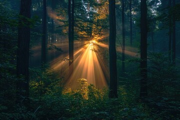 Single sunbeam piercing through a dark forest