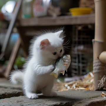 A photo of a white little cat eating a fish