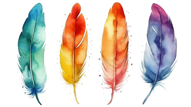 Set of bird feathers on transparent background, ai generated