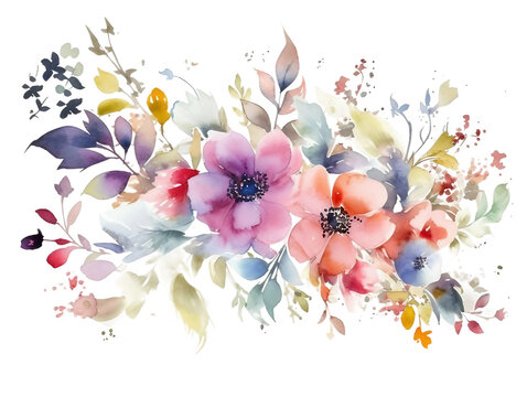 Collection of watercolor flower floral natural elements on transparent background