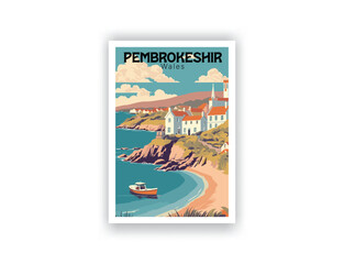 Pembrokeshir, Wales. Vintage Travel Posters. Vector art. Famous Tourist Destinations Posters Art Prints Wall Art and Print Set Abstract Travel for Hikers Campers Living Room Decor

