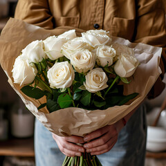 A photo of hands holding a bouquet of white roses