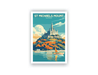 St Michaels Mount, Cornwall. Vintage Travel Posters. Vector art. Famous Tourist Destinations Posters Art Prints Wall Art and Print Set Abstract Travel for Hikers Campers Living Room Decor
