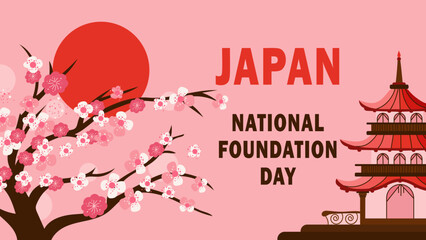 Japan. National Foundation Day. House, sakura and red sun. © Nataliia