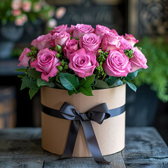 A photo of pink roses in a gift box with a black bow