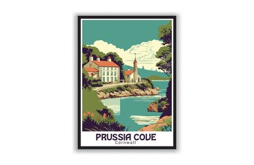 Prussia Cove, Cornwall. Vintage Travel Posters. Vector art. Famous Tourist Destinations Posters Art Prints Wall Art and Print Set Abstract Travel for Hikers Campers Living Room Decor