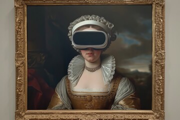 surreal portrait of Baroque woman with virtual reality glasses for virtual tour gallery viewing in museum. gold frame on the museum wall with portrait of Baroque woman wears virtual reality glasses 