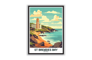 St Brelades Bay, Jersey. Vintage Travel Posters. Vector art. Famous Tourist Destinations Posters Art Prints Wall Art and Print Set Abstract Travel for Hikers Campers Living Room Decor