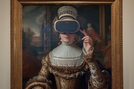 surreal portrait of Baroque woman with virtual reality glasses for virtual tour gallery viewing in museum