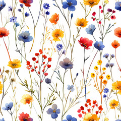 A watercolors painting of small coloful wilflowers on a white background