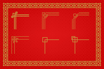 Chinese frame or border set on red background. traditional asian ornaments, golden oriental