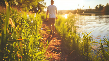 Uma imagem pitoresca de uma pessoa caminhando por uma trilha tranquila na natureza mostrando os benefícios terapêuticos de passar tempo em ambientes naturais para a saúde mental - obrazy, fototapety, plakaty