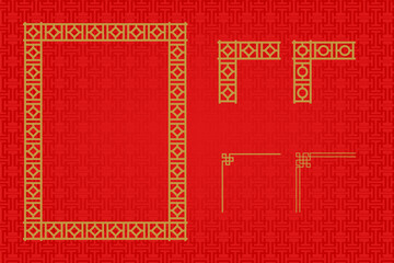 Chinese frame or border set on red background. traditional asian ornaments, golden oriental