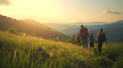 Spring hike in the mountains. Fields of warm lighting. Travelers descend from the mountains.