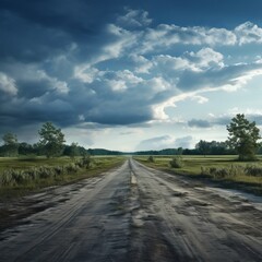 Fototapeta na wymiar Empty Road Beside Meadow under Cloudy Sky