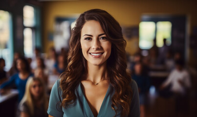 Confident female teacher smiling in a classroom environment, standing as a symbol of educational leadership, knowledge, and academic excellence - obrazy, fototapety, plakaty