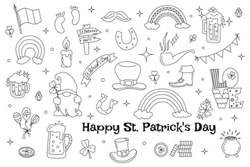 Set of St. Patricks Day. St. Patrick s Day collection with hand drawn doodles icons. Template for postcard, invitation, advertisement or banner for Irish holiday of March 17. Irish traditional culture - obrazy, fototapety, plakaty
