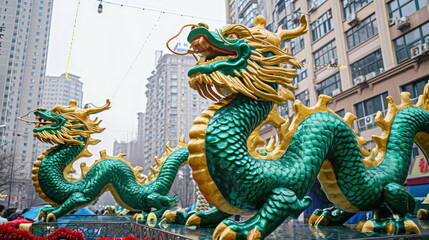 Fototapeta premium A golden and green dragon statue perched on a fence with urban buildings in the background, celebration of the Chinese New Year