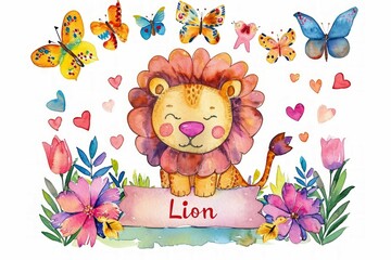Cute safari animal on the cloud watercolor illustration, Watercolor animal cute safari lion,