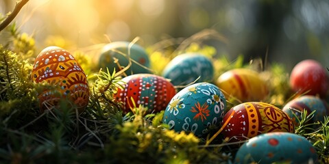 Fototapeta na wymiar easter eggs on the grass background 