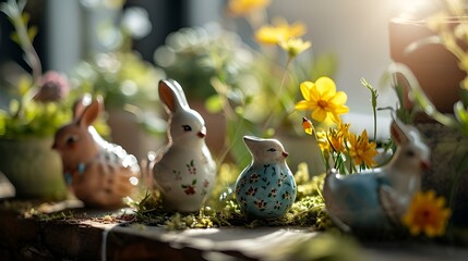 a table with Easter decoration and three rabbits, two brown and one white
