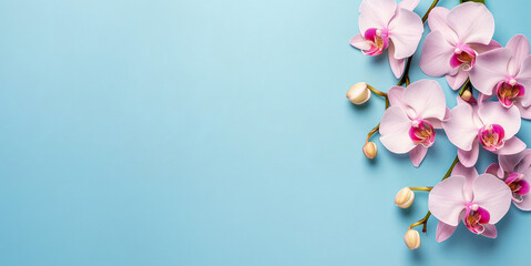 Bright spring and summer background in blue with white and pink orchids . Banner of flowers with place for text, copyspace, web banner and postcard, spa and relax
