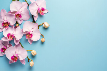 Fototapeta na wymiar Bright spring and summer background in blue with white and pink orchids . Frame of flowers with place for text, copyspace, web banner and postcard, spa and relax