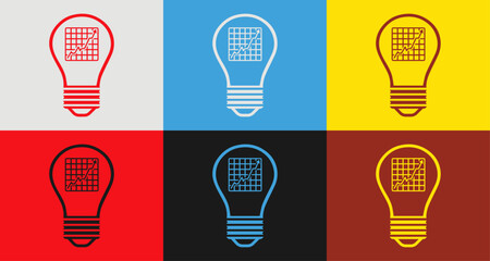 Colorful light bulb and graph chart icons set in 6 colors for vibrant designs, light bulb and graph chart Isolated on background