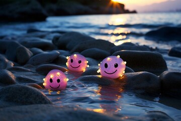 Luminous amaranth stones arranged in a smiley face beside the ocean. Generative AI