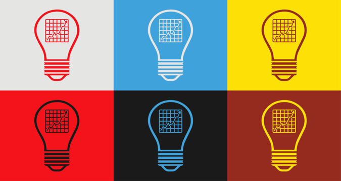 Colorful light bulb and graph chart icons set in 6 colors for vibrant designs, light bulb and graph chart Isolated on background
