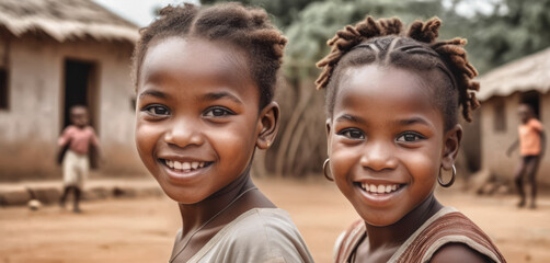 african girls with dreadlocks posing in the village, huts with thatched roof in the background - obrazy, fototapety, plakaty