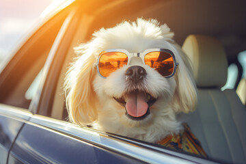 A dog wearing sunglasses, in the style of travel, light beige and orange, cinestill 50d, auto body works, high quality photo, joyful celebration of nature, photo taken with provia

 - obrazy, fototapety, plakaty