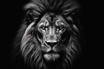 Fototapeta premium A high quality black and white portrait of a lion with an impressive ear and ear hair, in the style of intense close-ups, photorealist painter, photorealistic wildlife art, luminous shadows, poster, c