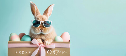 Frohe Ostern Konzept Feiertag Grußkarte mit deutschem Text - Cooler Osterhase, Kaninchen mit Sonnenbrille, sitzt in Geschenkbox mit Ostereiern, isoliert auf blauem Hintergrund