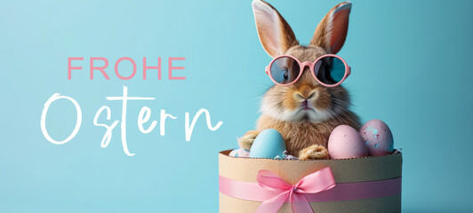 Frohe Ostern Konzept Feiertag Grußkarte mit deutschem Text - Cooler Osterhase, Kaninchen mit Sonnenbrille, sitzt in Geschenkbox mit Ostereiern, isoliert auf blauem Hintergrund - obrazy, fototapety, plakaty