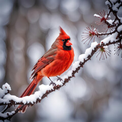 Red cardinal bird on a snowy tree branch