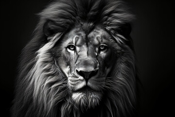 A high quality black and white portrait of a lion with an impressive ear and ear hair, in the style...