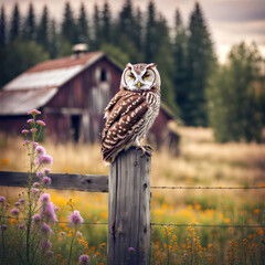 Owl perched on an old fence post with pink flowers and rustic barn
