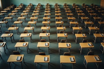 Fototapeta premium Empty classroom with open notebooks on desks, ready for an exam.