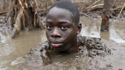 Young man submerged in muddy water, staring.